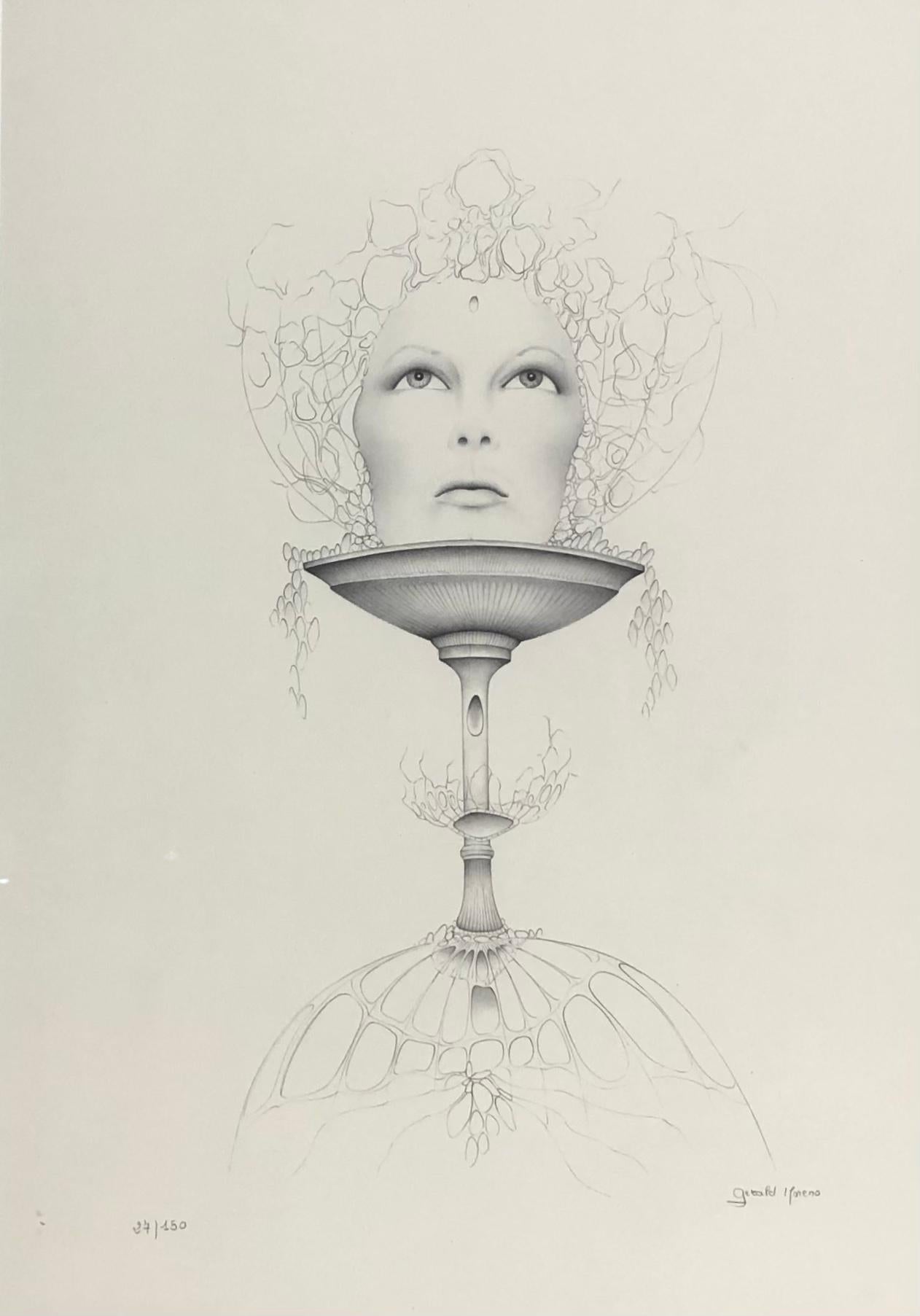 Dali Inspired Surrealist Black and White Lithograph by Gerald Moreno — detail 3