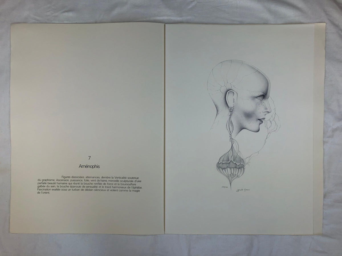 Dali Inspired French Surrealist B/W Lithograph by Gerald Moreno titled Amenophis
