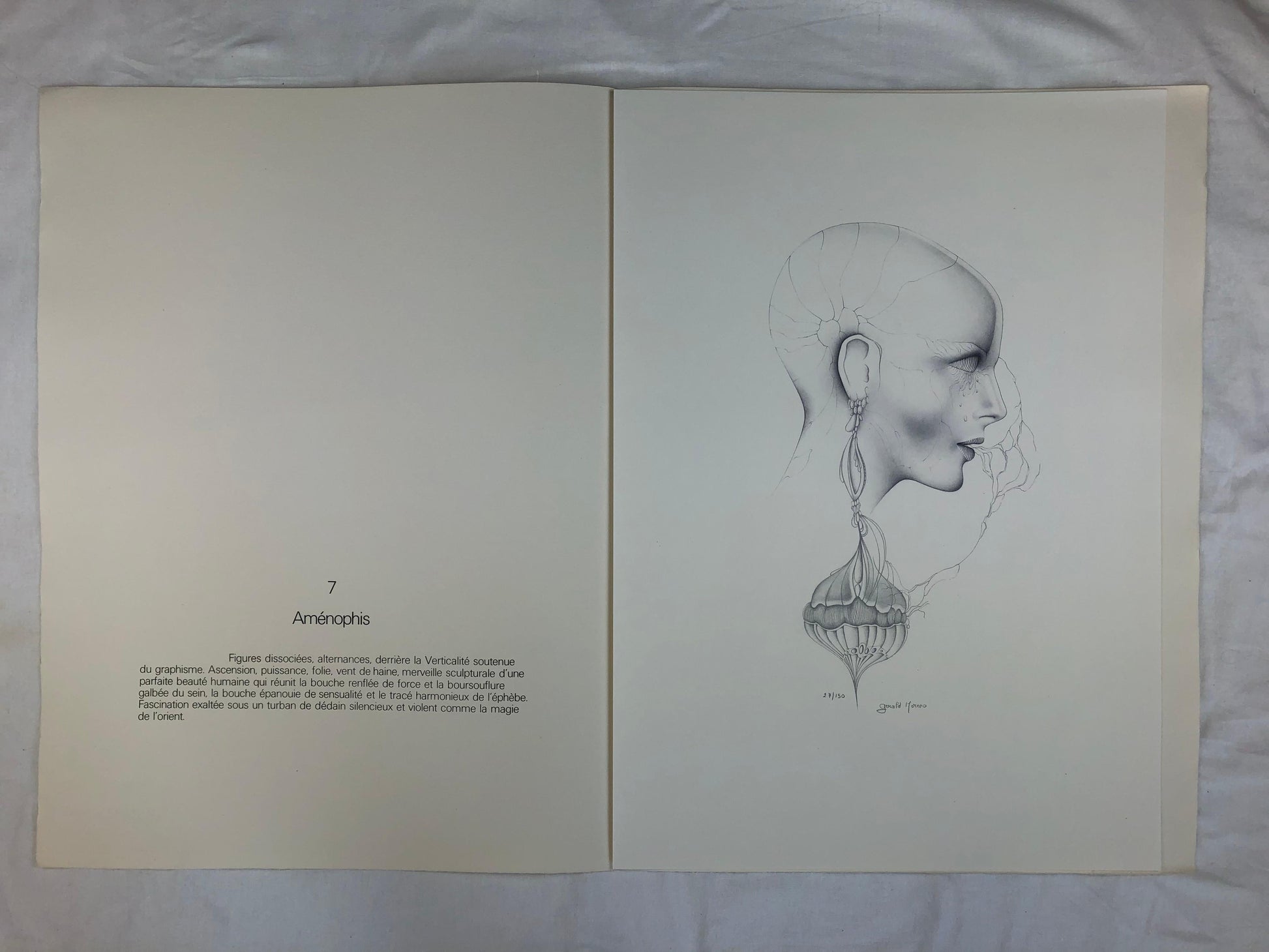 Dali Inspired French Surrealist B/W Lithograph by Gerald Moreno titled Amenophis