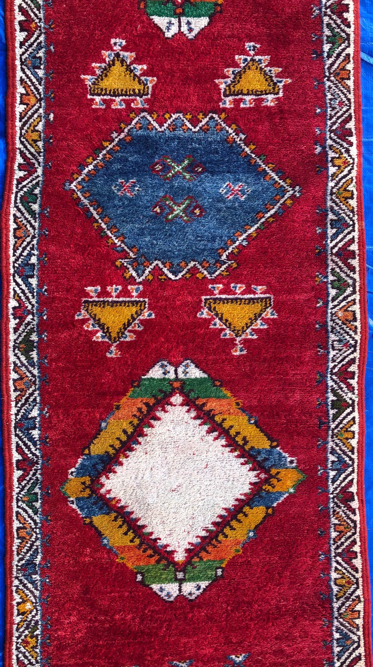 Vintage Moroccan Tribal Rug or Runner Vibrant Red and Accentuating Blue & White — detail 10