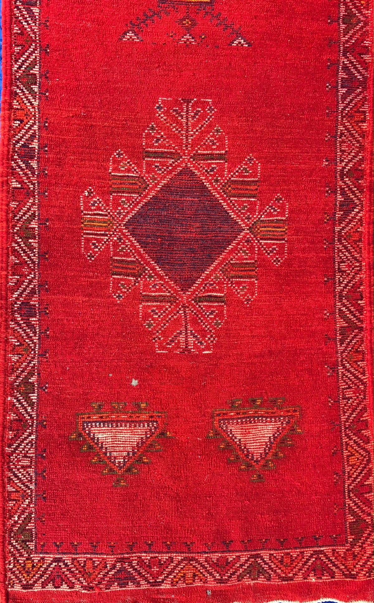 Vintage Moroccan Tribal Rug or Runner Vibrant Red and Accentuating Blue & White — detail 4