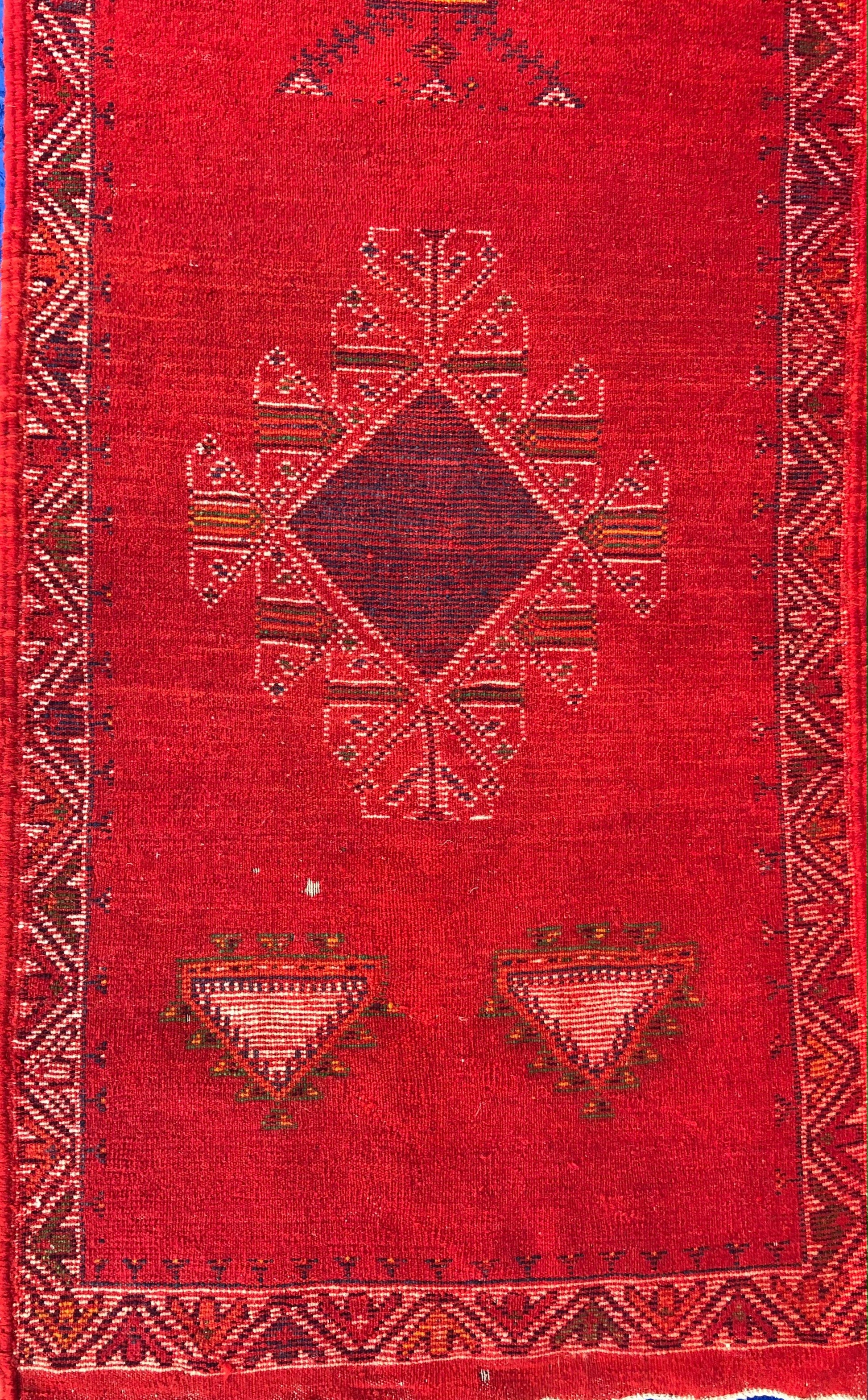 Vintage Moroccan Tribal Rug or Runner Vibrant Red and Accentuating Blue & White — detail 4