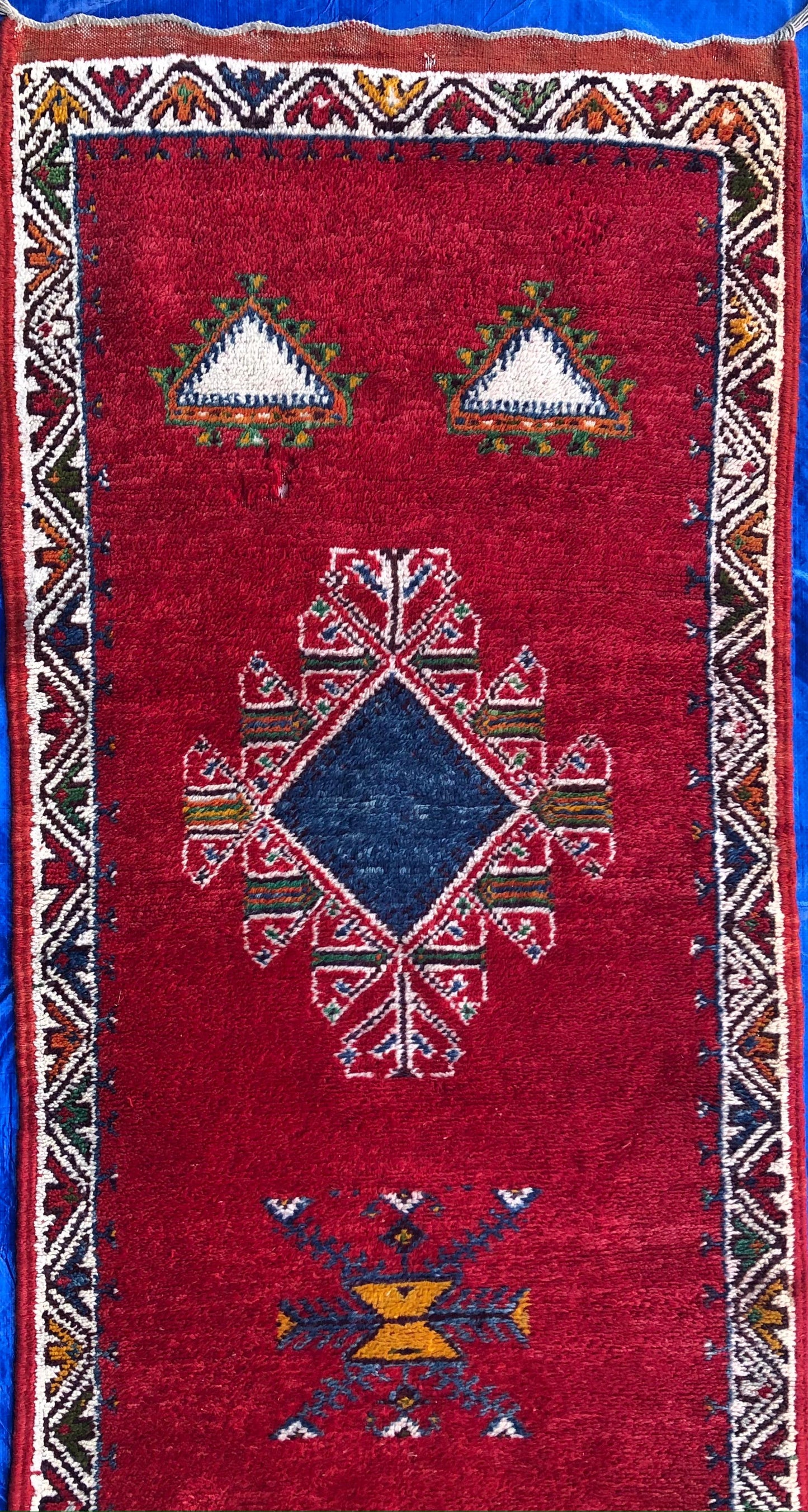 Vintage Moroccan Tribal Rug or Runner Vibrant Red and Accentuating Blue & White — detail 5