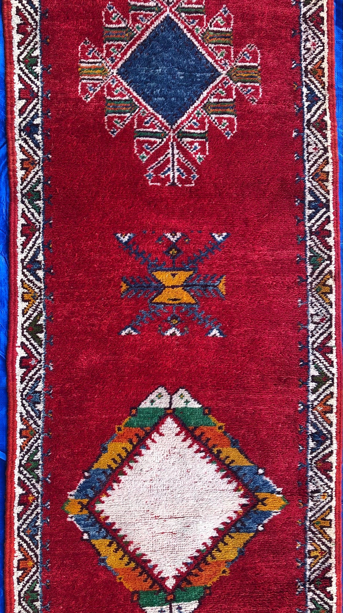 Vintage Moroccan Tribal Rug or Runner Vibrant Red and Accentuating Blue & White — detail 2