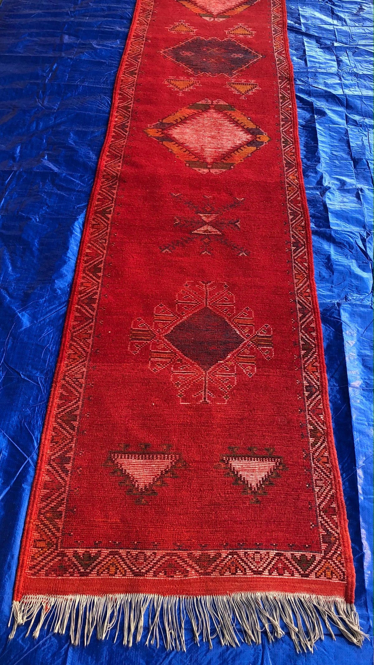 Vintage Moroccan Tribal Rug or Runner Vibrant Red and Accentuating Blue & White — detail 7