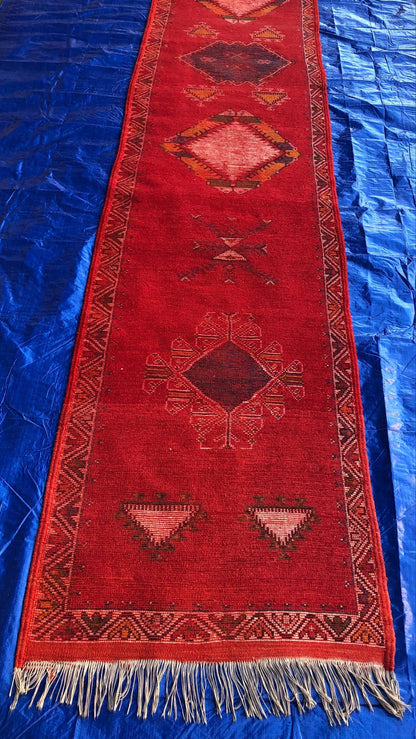 Vintage Moroccan Tribal Rug or Runner Vibrant Red and Accentuating Blue & White — detail 7