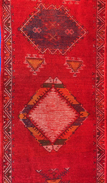Vintage Moroccan Tribal Rug or Runner Vibrant Red and Accentuating Blue & White — detail 8