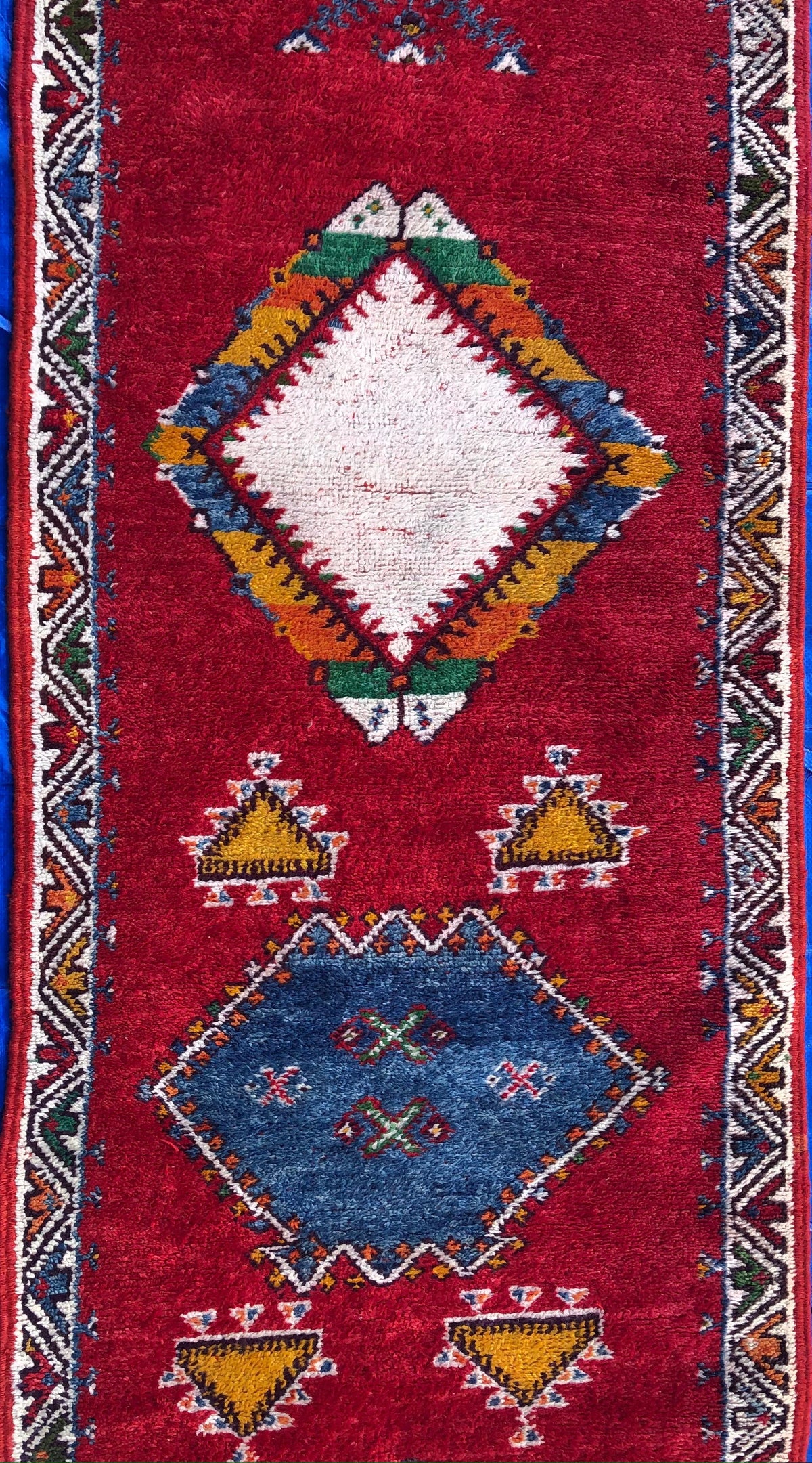 Vintage Moroccan Tribal Rug or Runner Vibrant Red and Accentuating Blue & White — detail 6