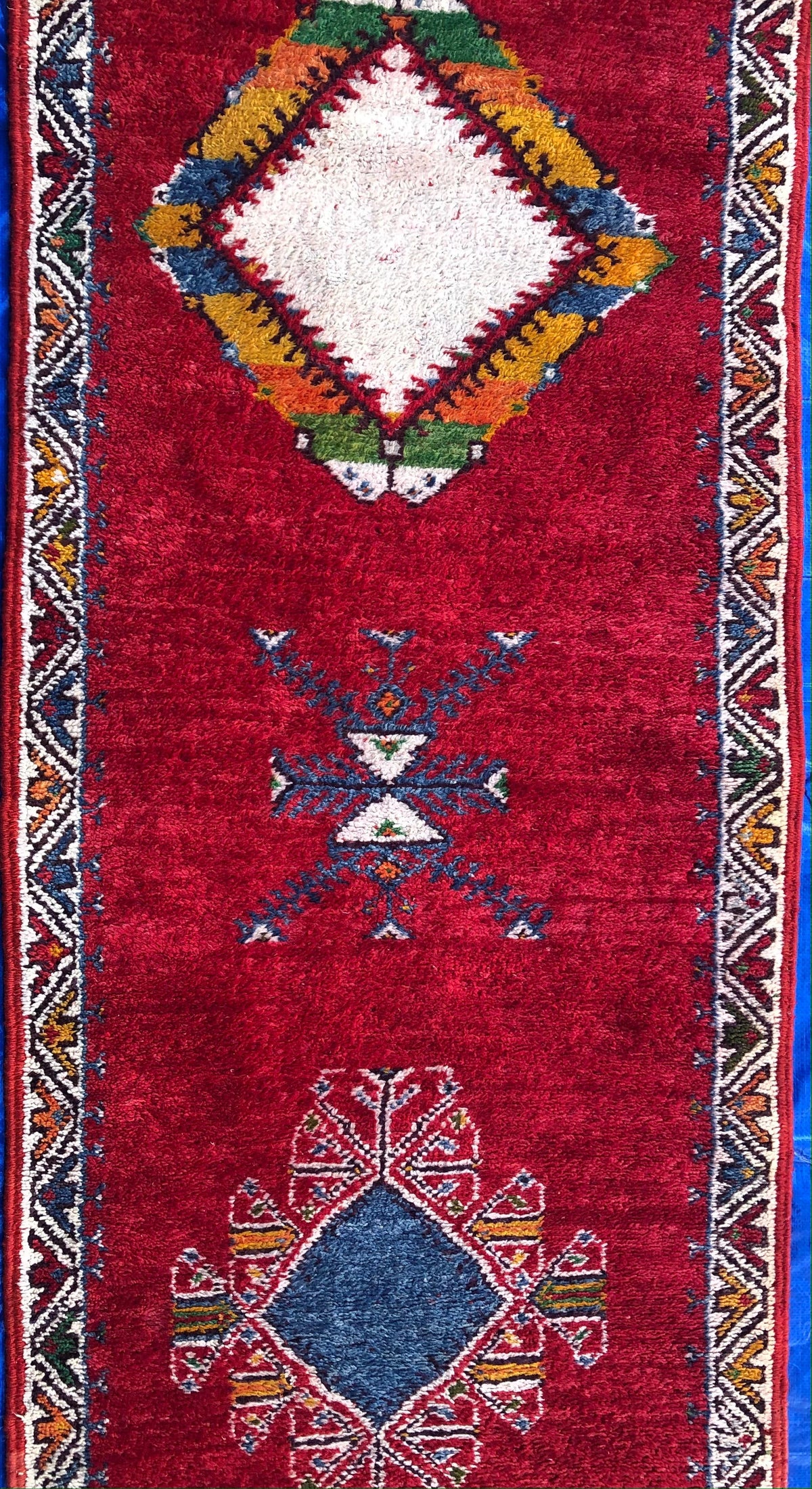 Vintage Moroccan Tribal Rug or Runner Vibrant Red and Accentuating Blue & White — detail 9