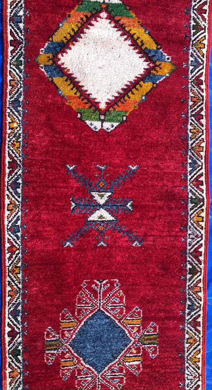 Vintage Moroccan Tribal Rug or Runner Vibrant Red and Accentuating Blue & White — detail 9