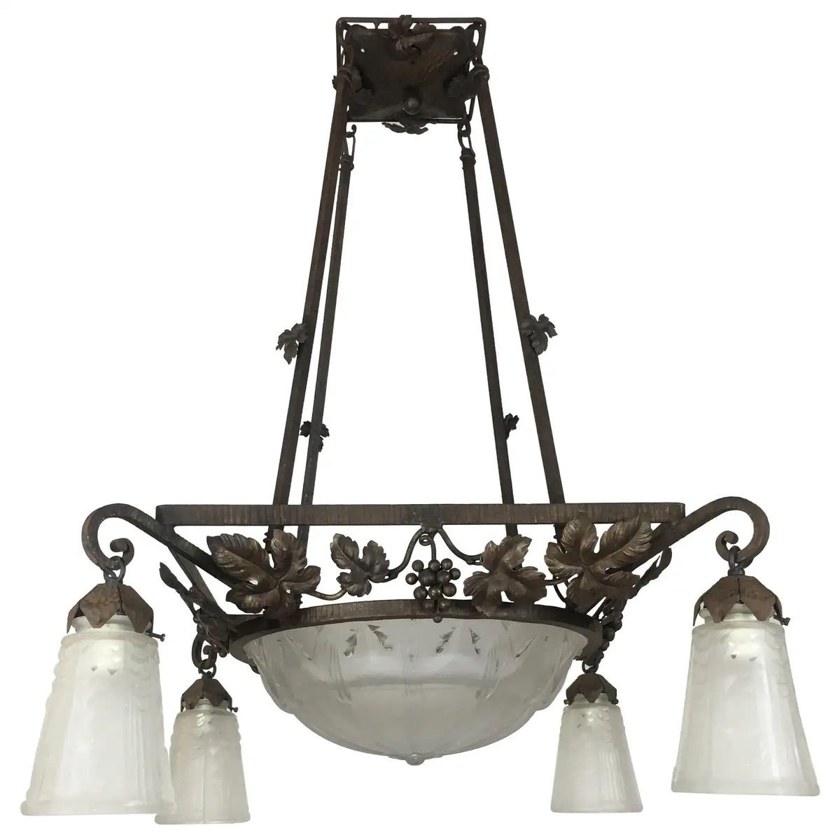Muller Frères French Art Deco Chandelier, Signed Wrought Iron and Glass