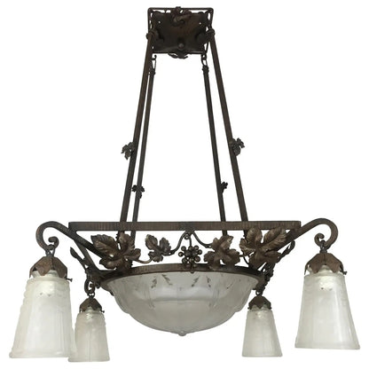 Muller Frères French Art Deco Chandelier, Signed Wrought Iron and Glass