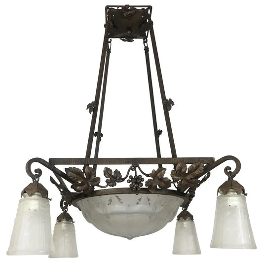 Muller Frères French Art Deco Chandelier, Signed Wrought Iron and Glass
