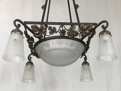 Muller Frères French Art Deco Chandelier, Signed Wrought Iron and Glass — detail 9