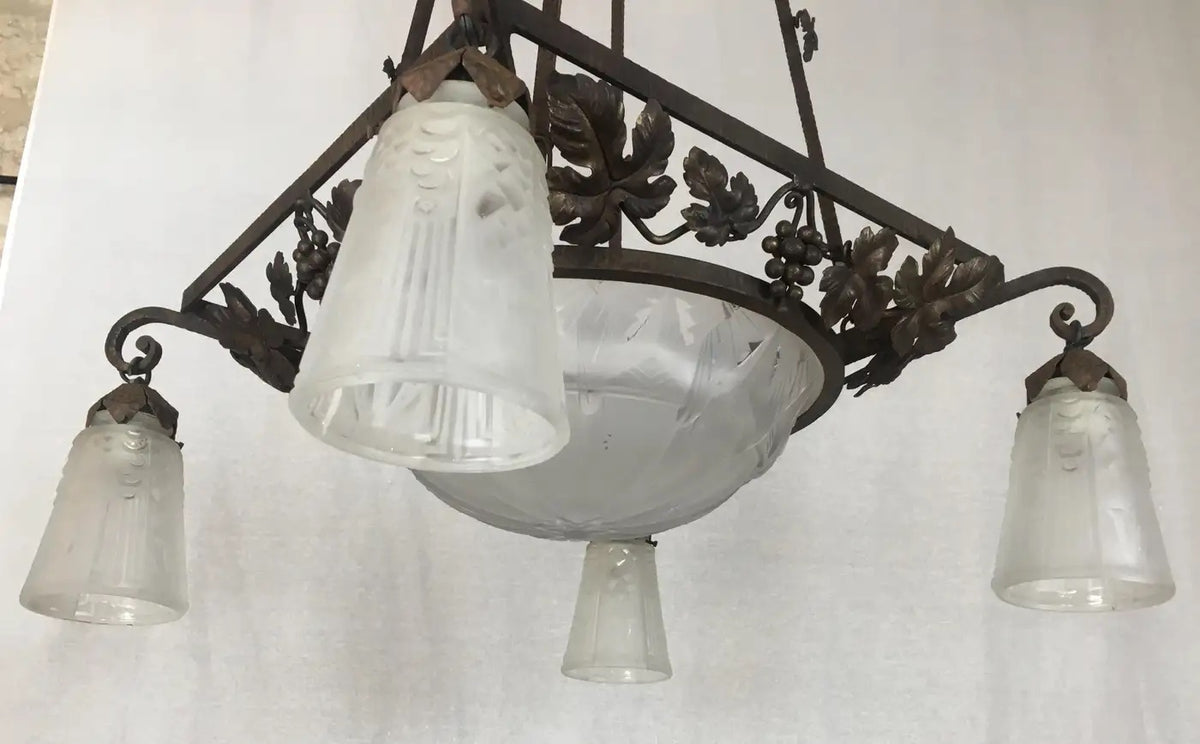 Muller Frères French Art Deco Chandelier, Signed Wrought Iron and Glass — detail 8