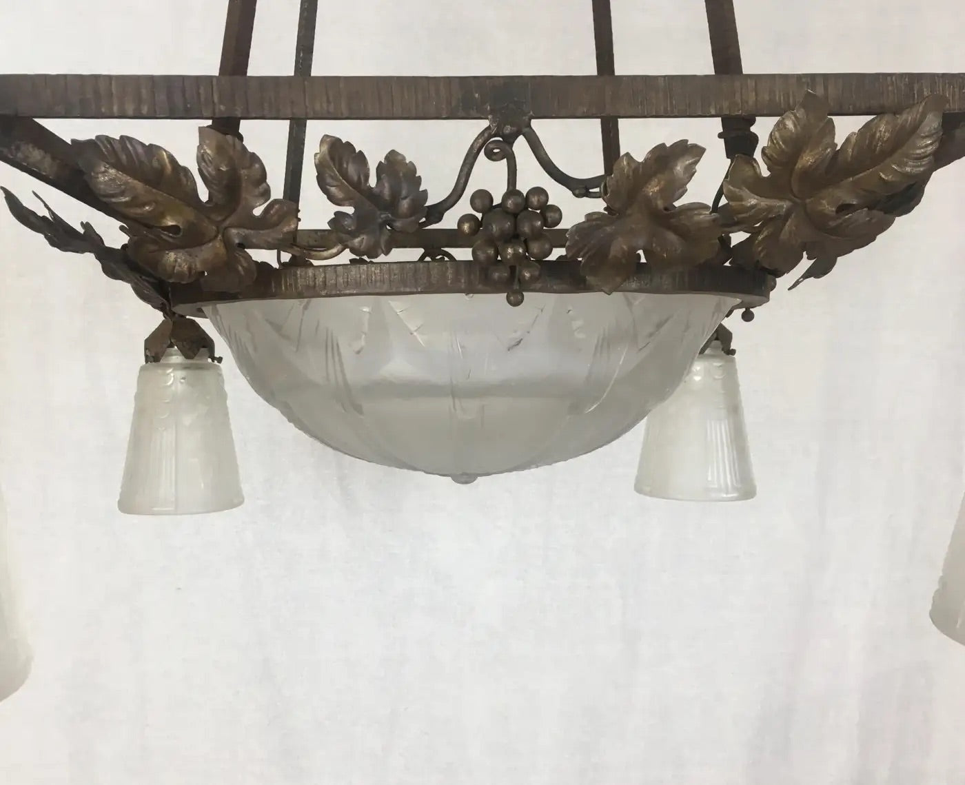 Muller Frères French Art Deco Chandelier, Signed Wrought Iron and Glass — detail 6