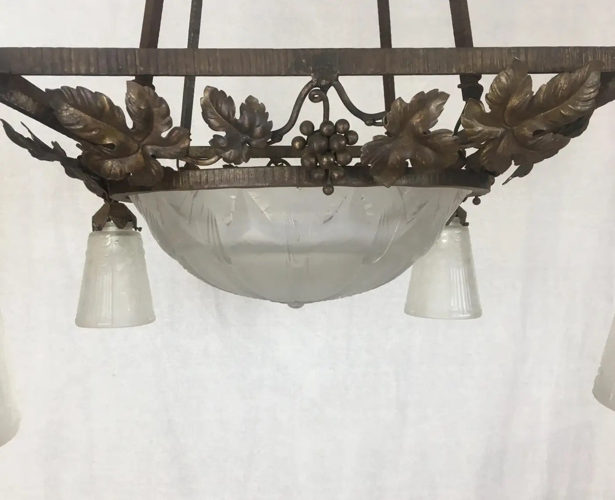 Muller Frères French Art Deco Chandelier, Signed Wrought Iron and Glass — detail 6