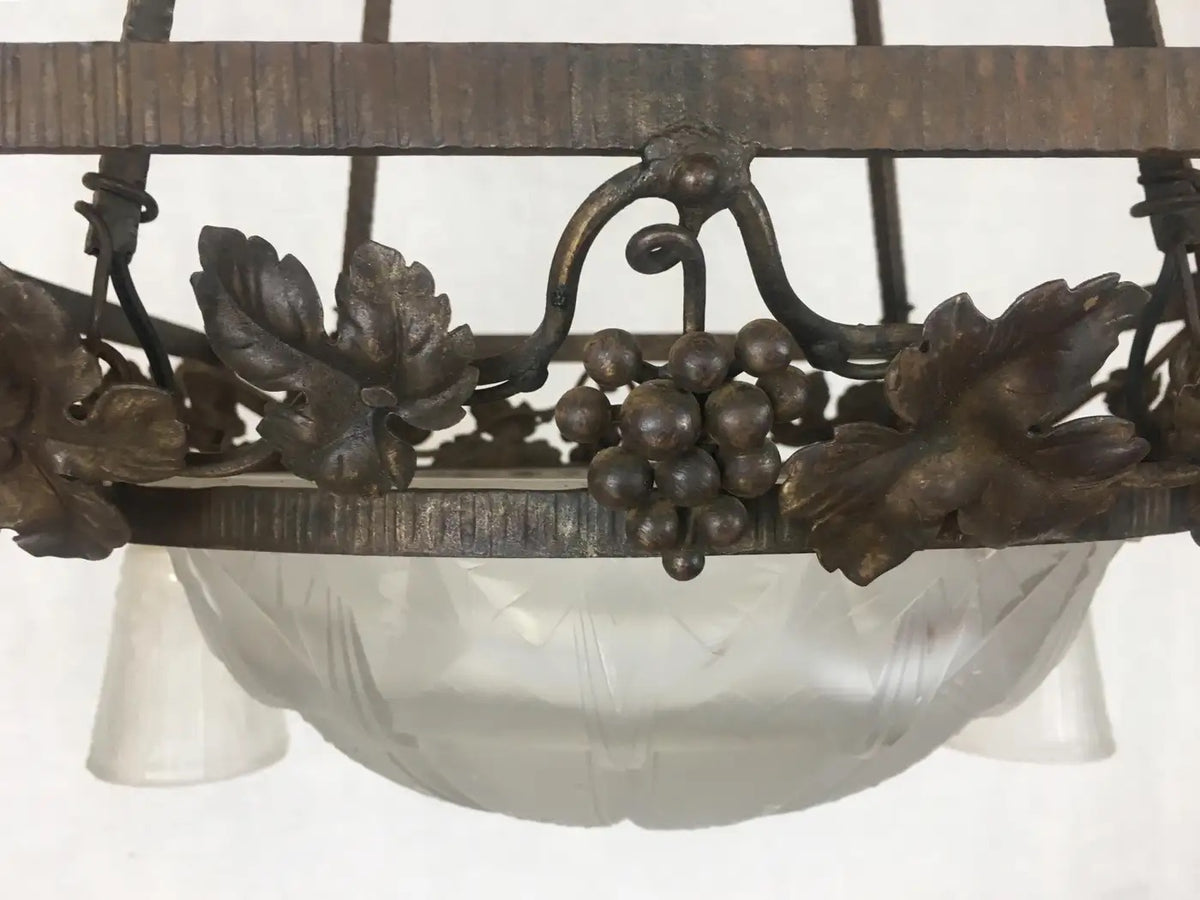 Muller Frères French Art Deco Chandelier, Signed Wrought Iron and Glass — detail 2