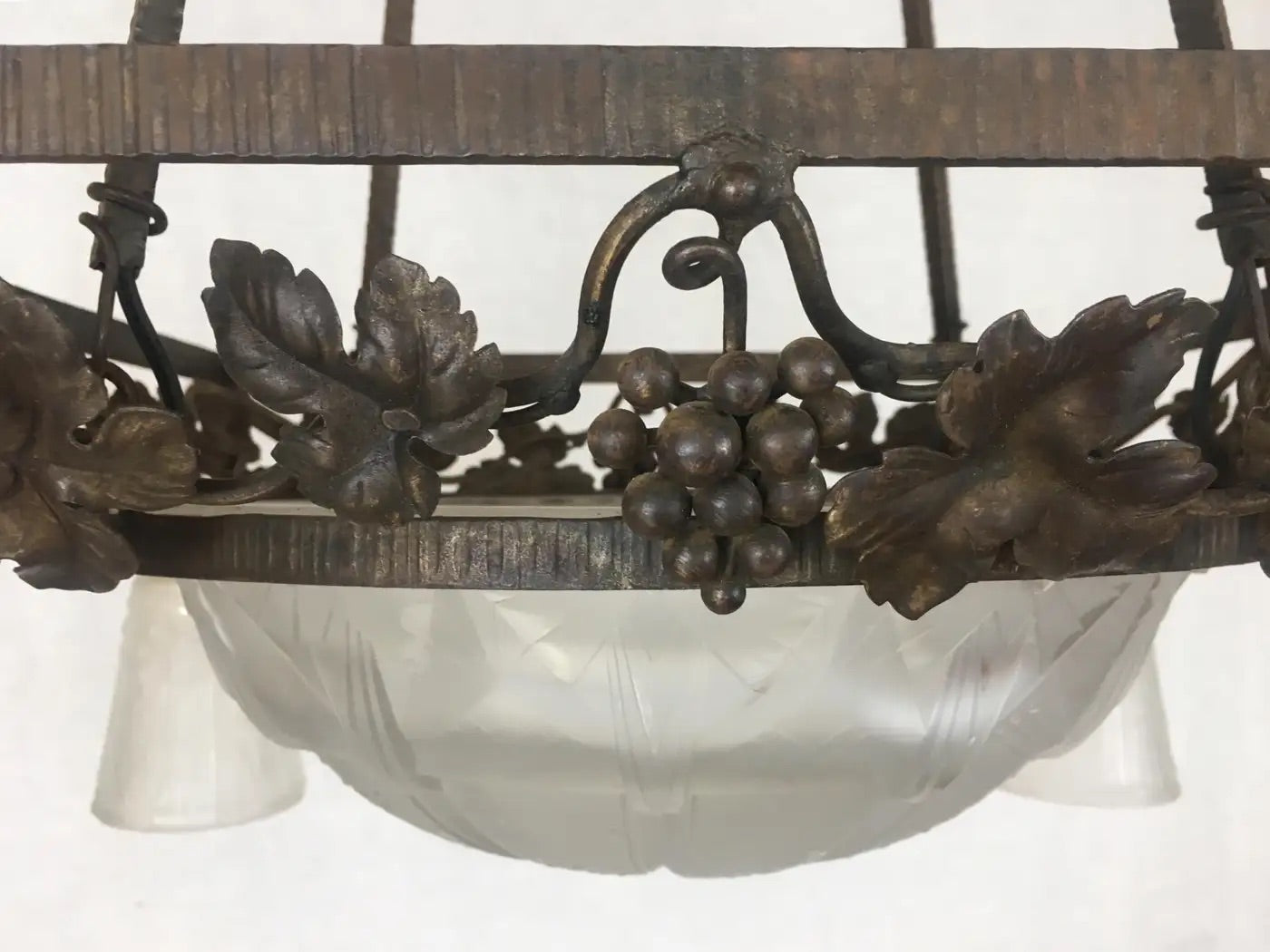 Muller Frères French Art Deco Chandelier, Signed Wrought Iron and Glass — detail 2
