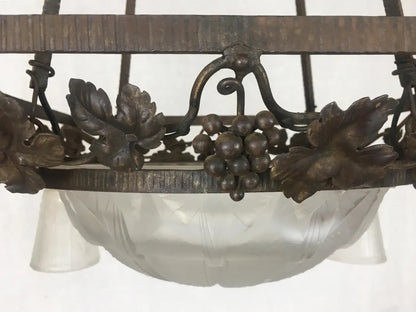 Muller Frères French Art Deco Chandelier, Signed Wrought Iron and Glass — detail 2