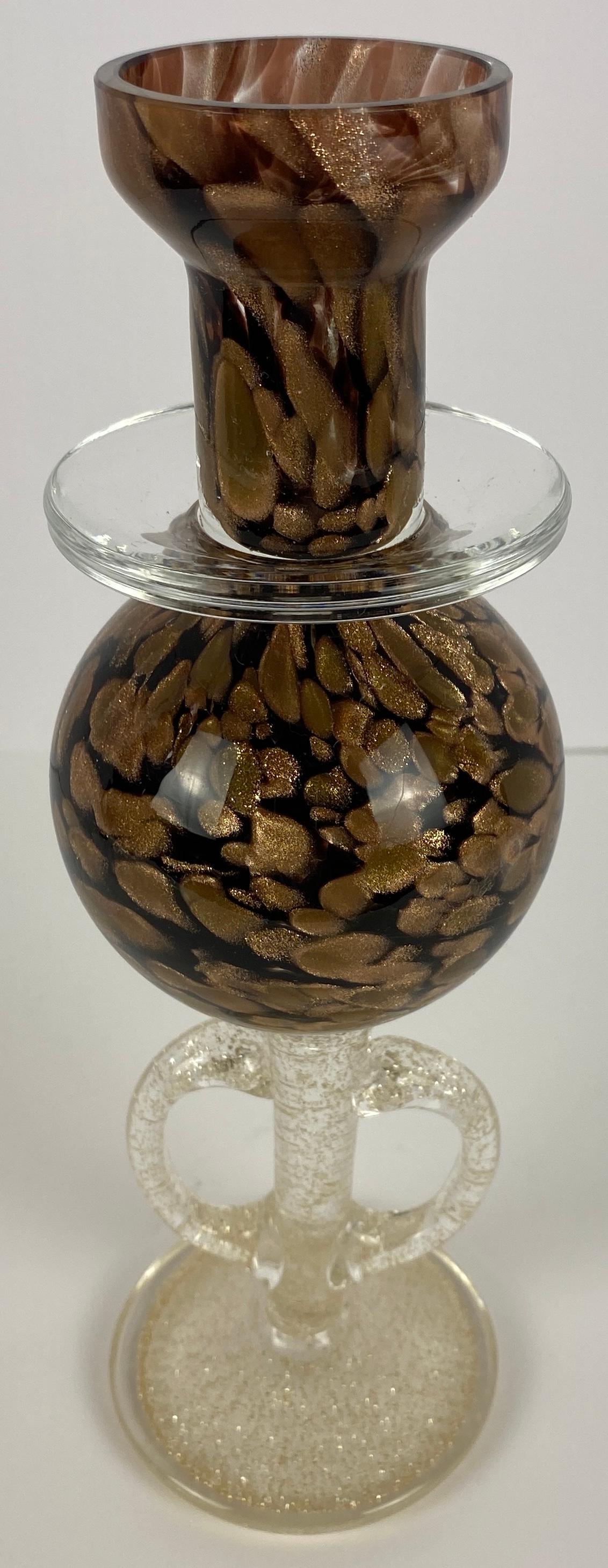 Mid-Century Murano Hand-Blown Art Glass Candleholder with Gold Aventurine Flecks — detail 3