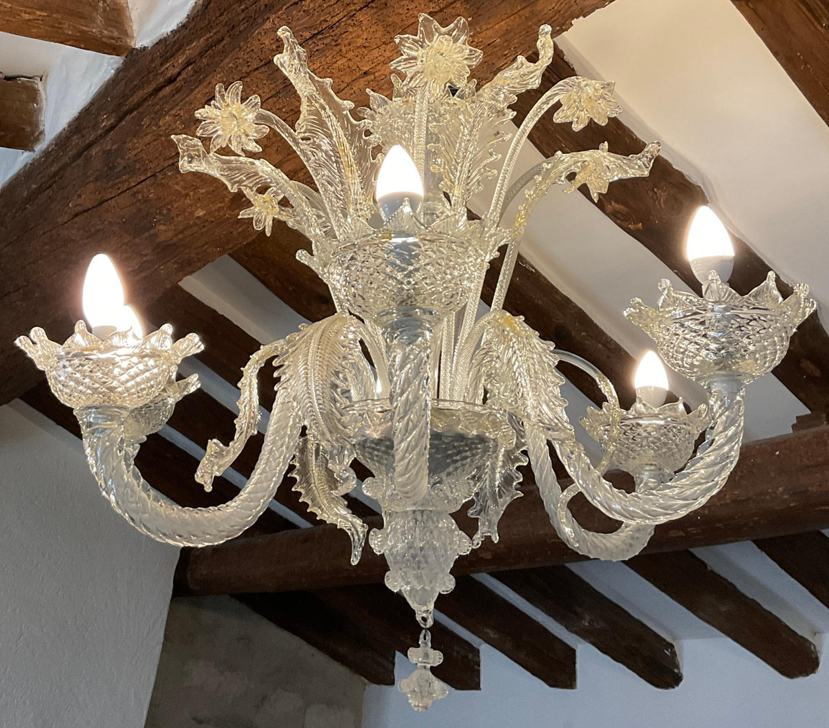 Italian Venetian Murano Gold Dusted 6 Arm Chandelier — detail 3