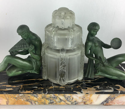 Marius-Ernest Sabino French Art Deco Table Lamp and Garniture Set, Signed — detail 3
