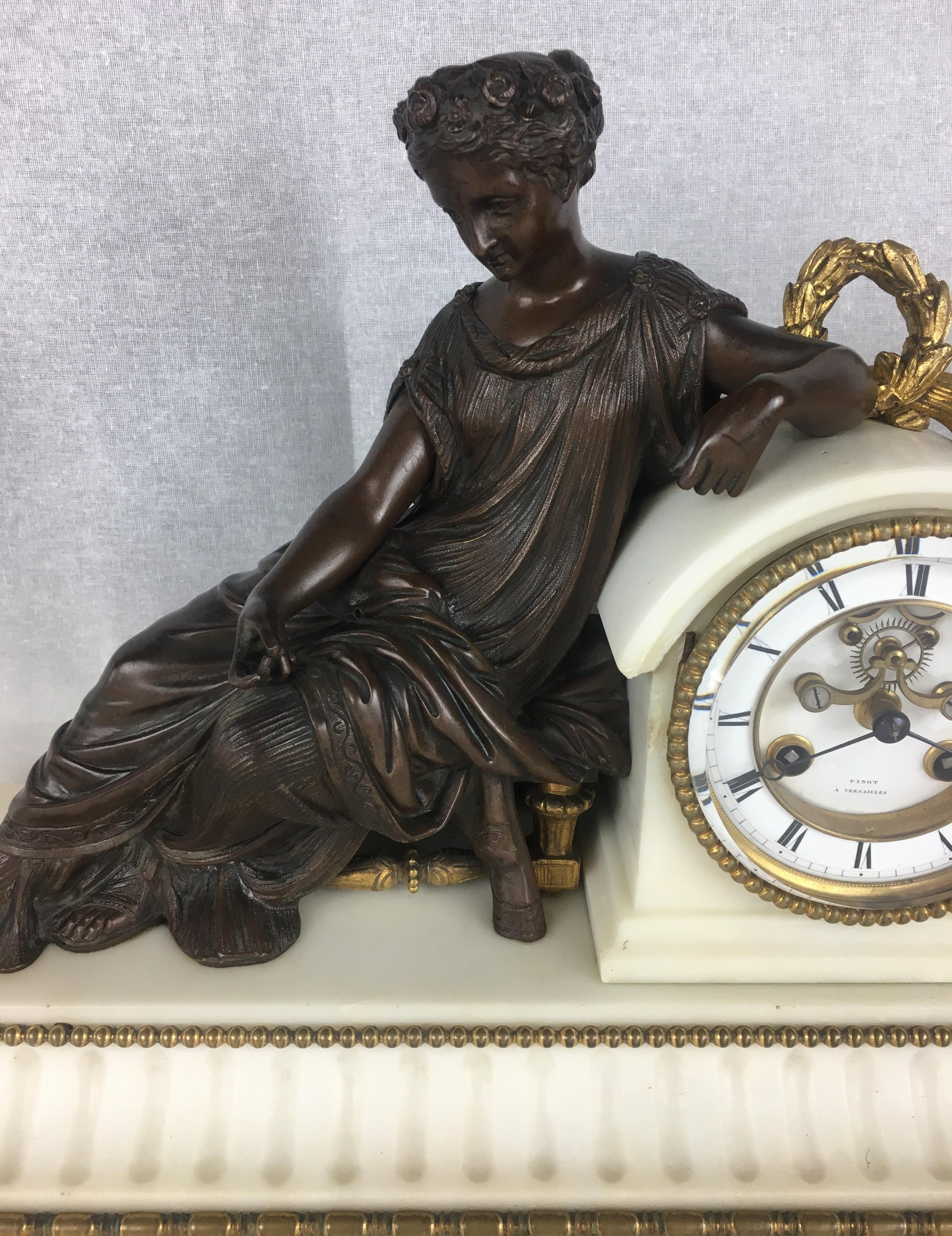 19th Century Neoclassical Gilded Bronze and White Marble Mantel Clock Set — detail 2