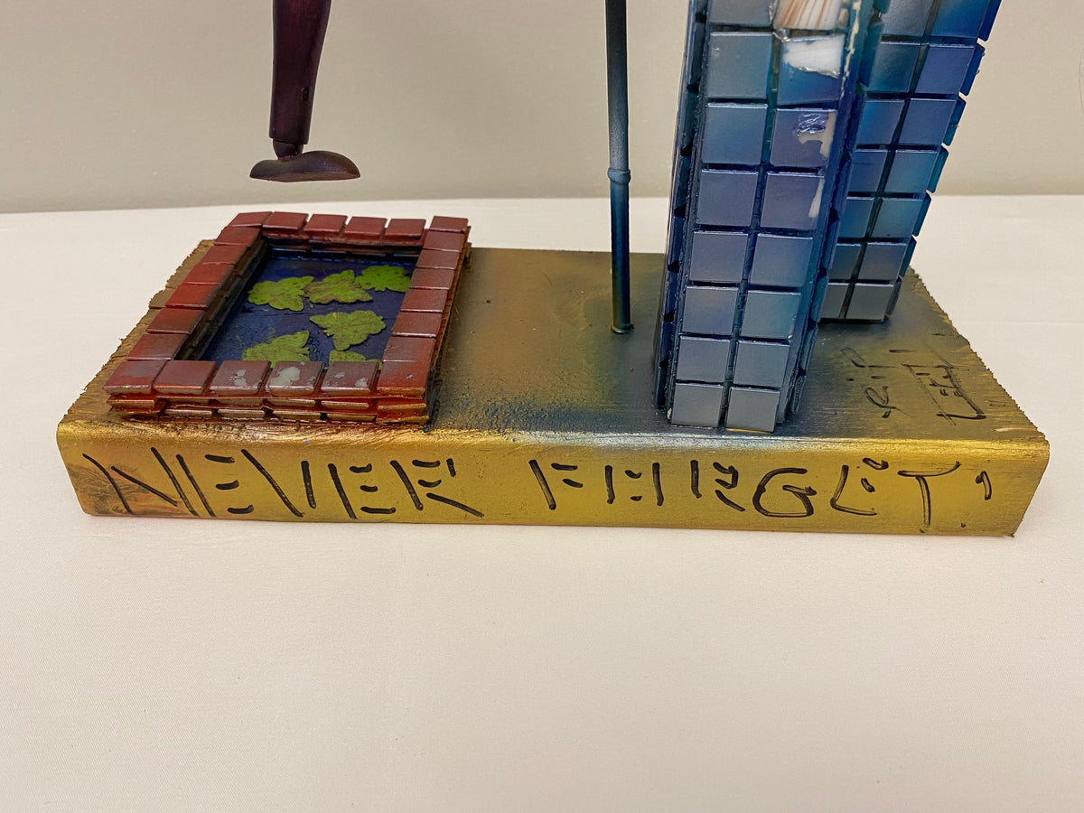 Modernist Wood Sculpture Dedicated to 911 Titled "Never Forget", Signed — detail 2