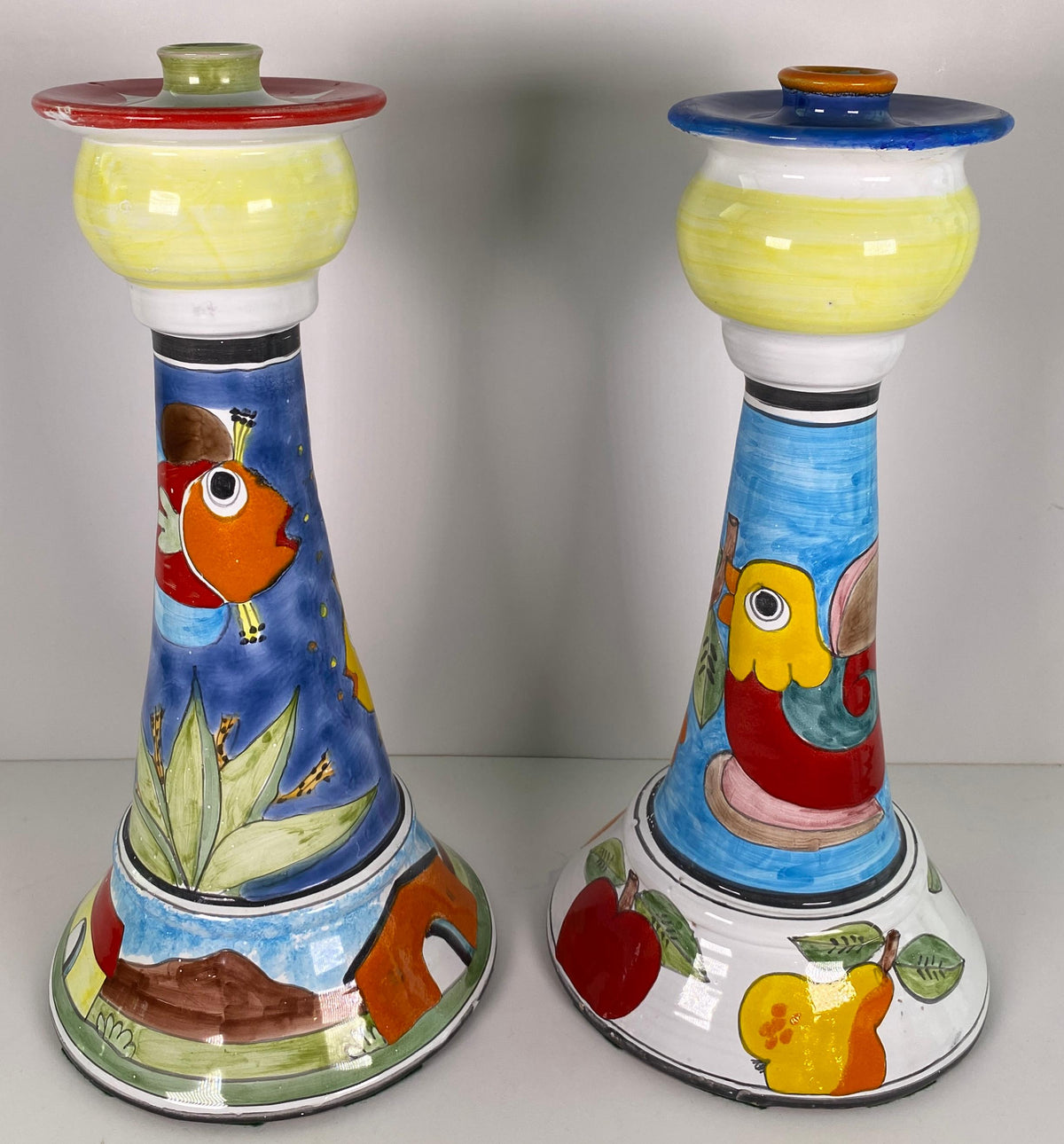 Pair Italian Hand-Painted Ceramic Candlesticks by Nino Parrucca, Whimsical — detail 4