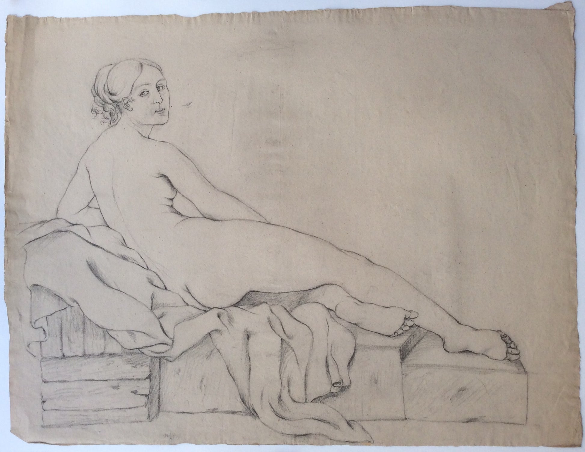 Original Drawing Nude Woman, French Unsigned on Aged Paper — detail 3