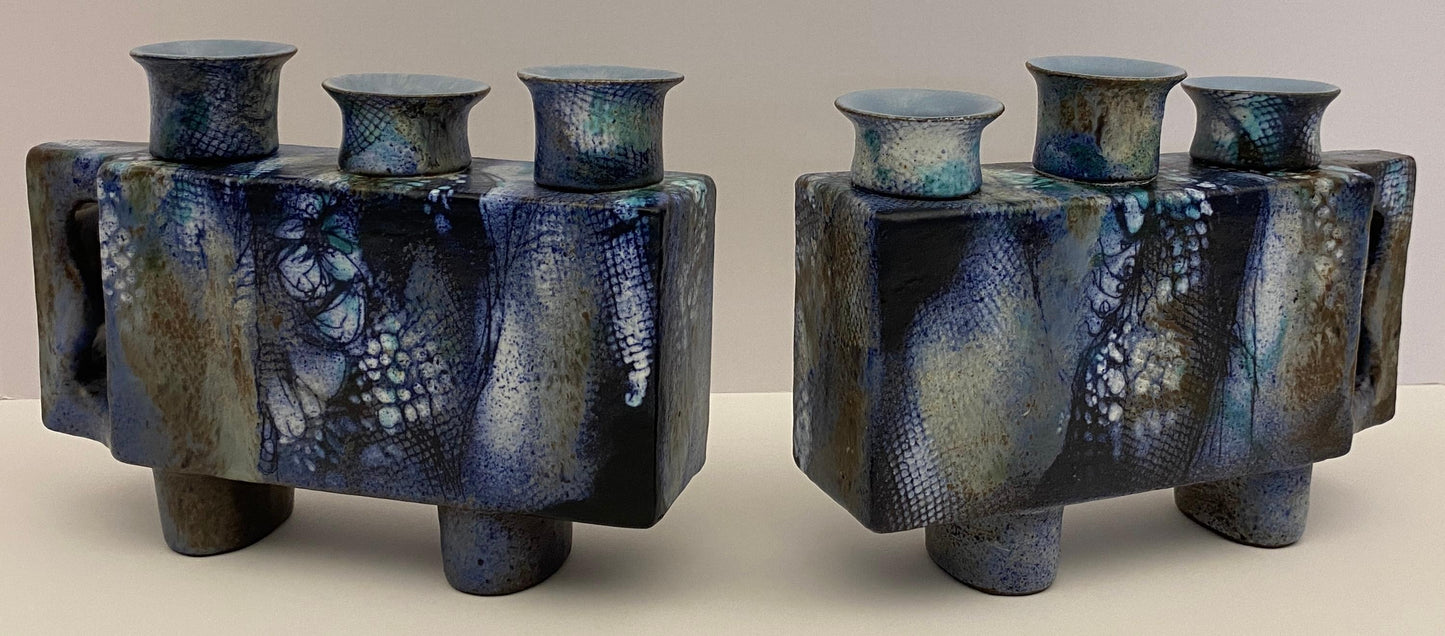 Pair of French Mid Century Modern Ceramic Candle Holders signed ONET — detail 2