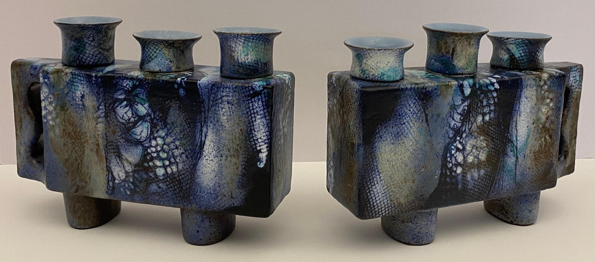Pair of French Mid Century Modern Ceramic Candle Holders signed ONET — detail 2