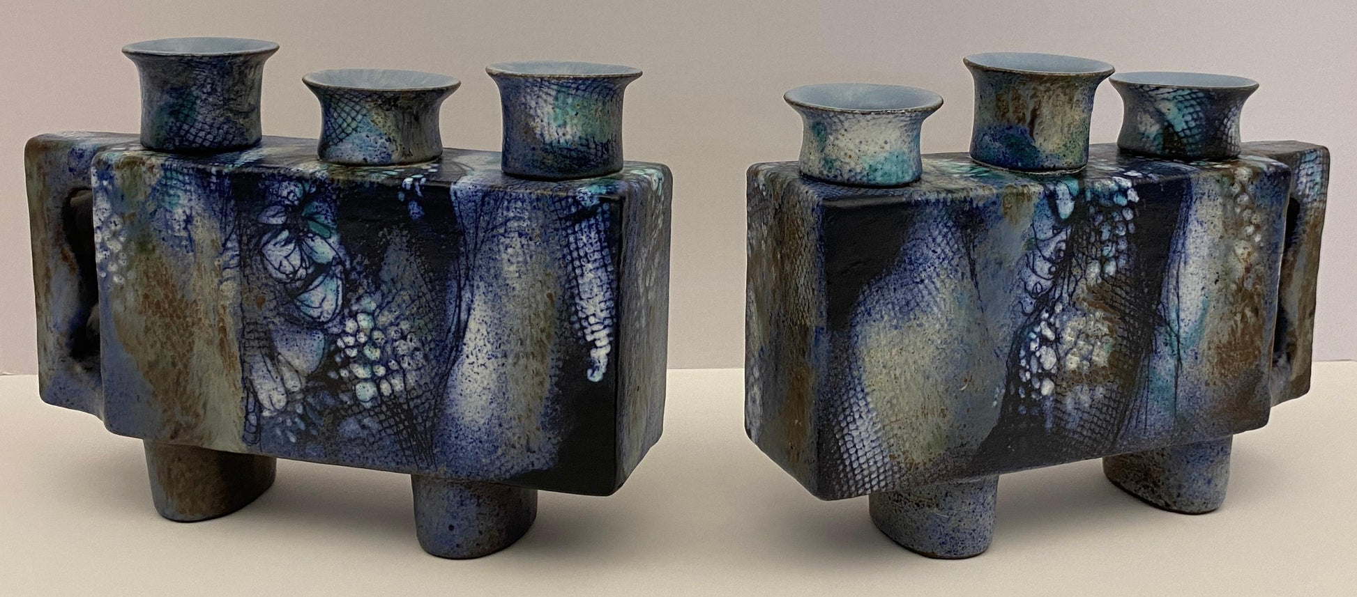 Pair of French Mid Century Modern Ceramic Candle Holders signed ONET — detail 2