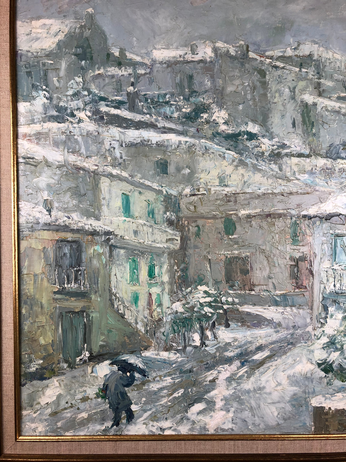 Snow Covered Italian Village Painting on Canvas, Signed P. Vorrasi — detail 7