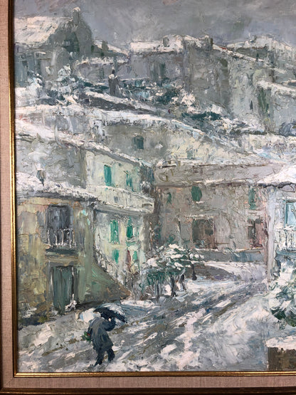Snow Covered Italian Village Painting on Canvas, Signed P. Vorrasi — detail 7