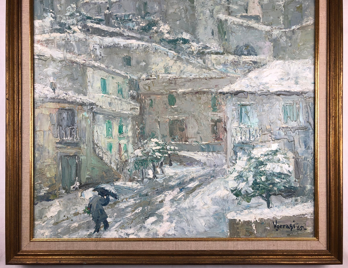 Snow Covered Italian Village Painting on Canvas, Signed P. Vorrasi — detail 6