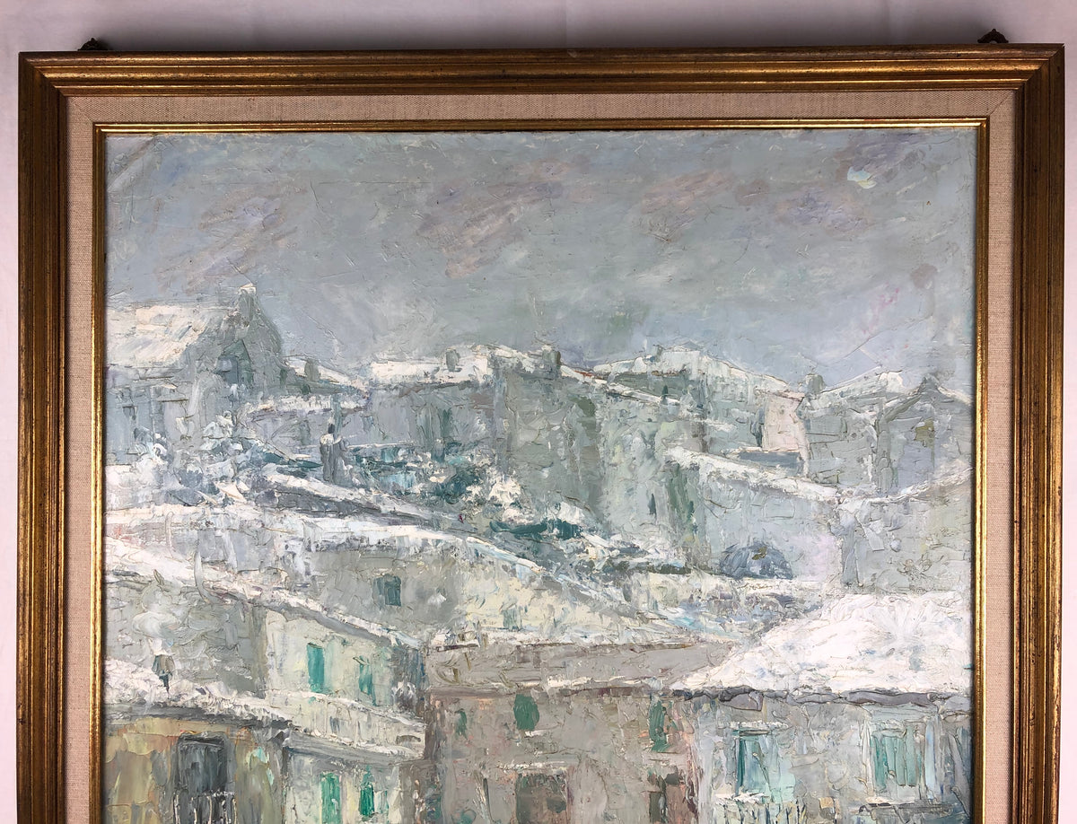 Snow Covered Italian Village Painting on Canvas, Signed P. Vorrasi — detail 5
