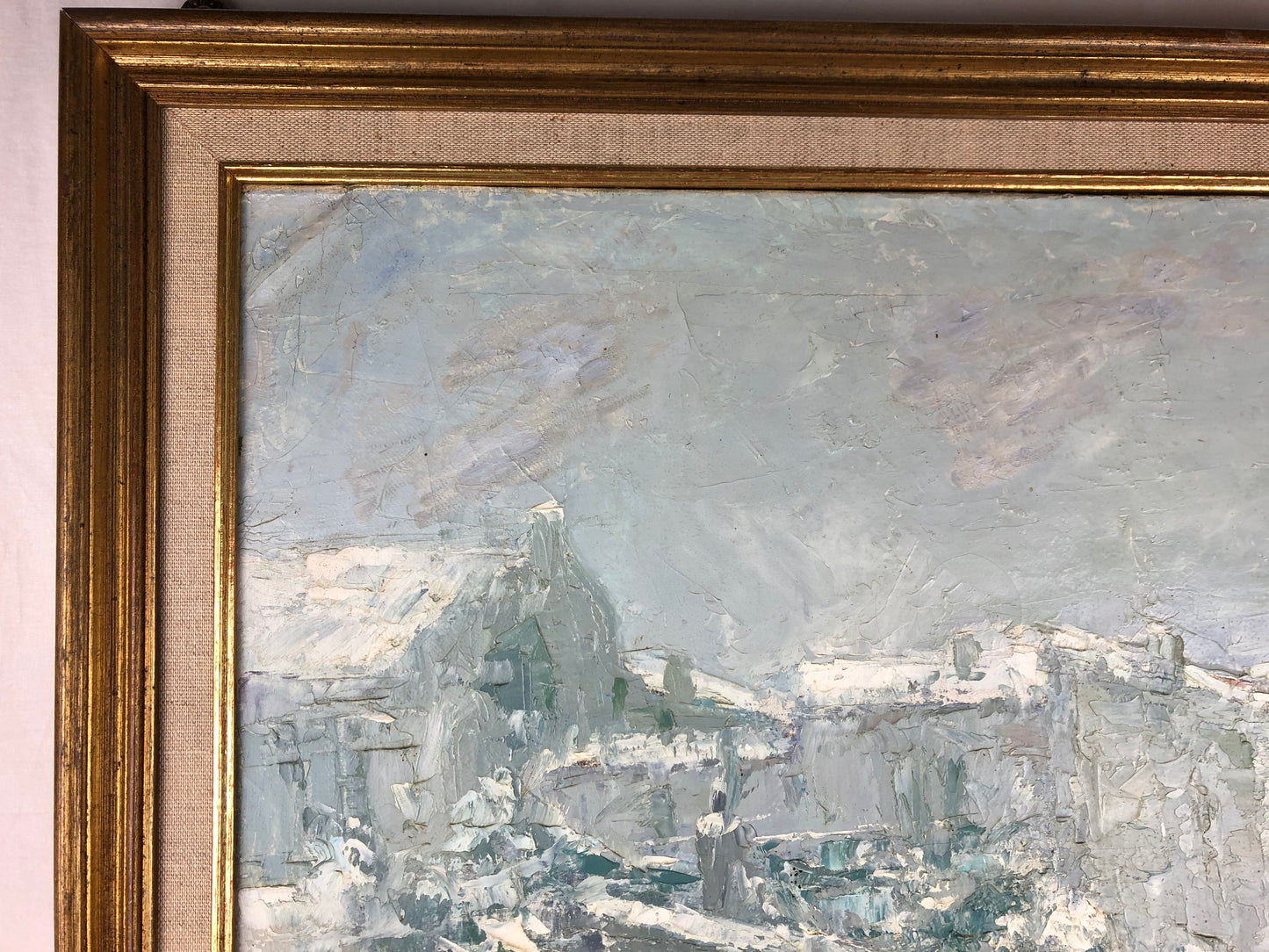 Snow Covered Italian Village Painting on Canvas, Signed P. Vorrasi — detail 4