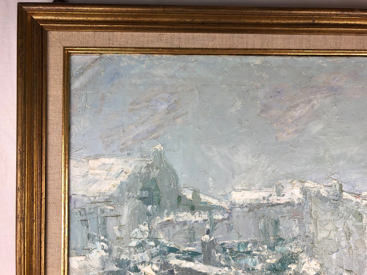 Snow Covered Italian Village Painting on Canvas, Signed P. Vorrasi — detail 4