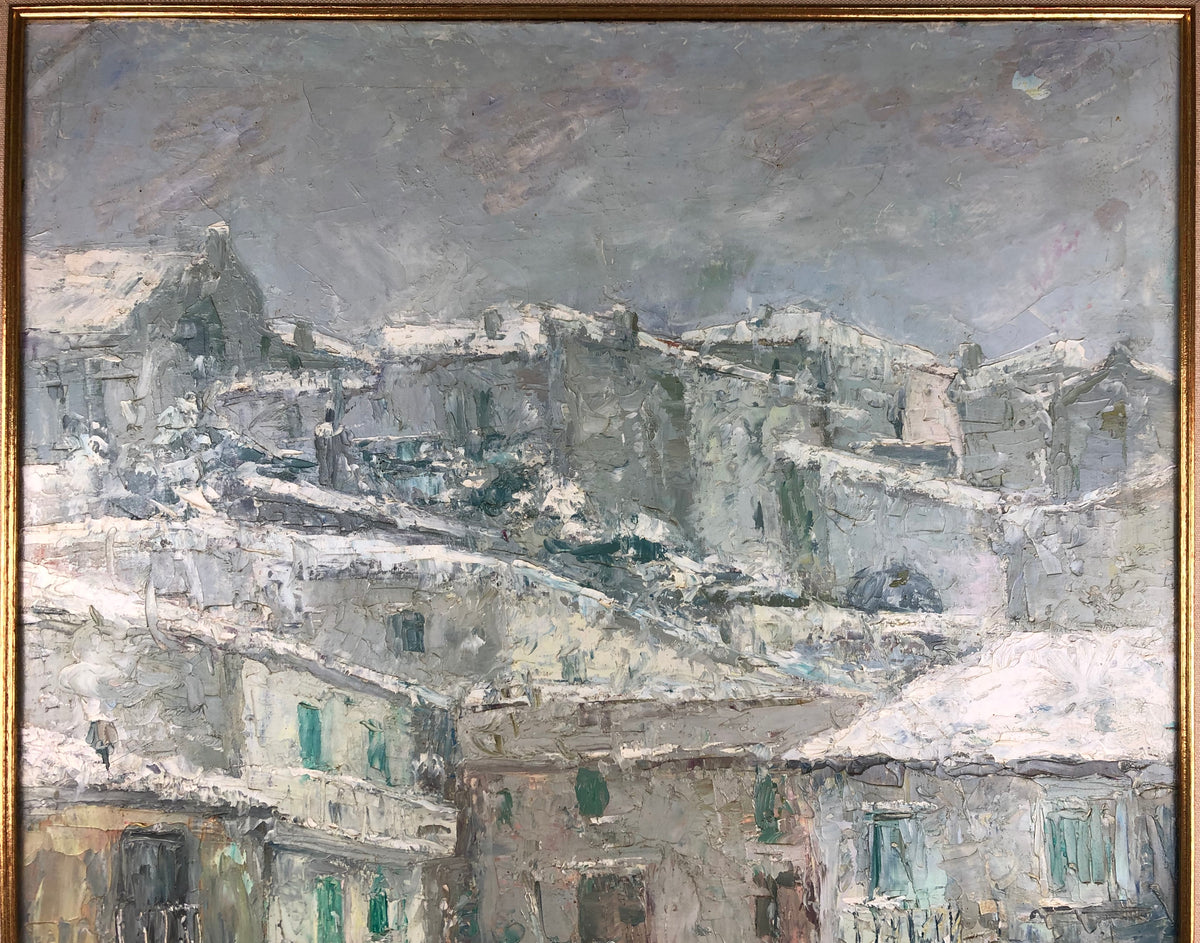 Snow Covered Italian Village Painting on Canvas, Signed P. Vorrasi — detail 3