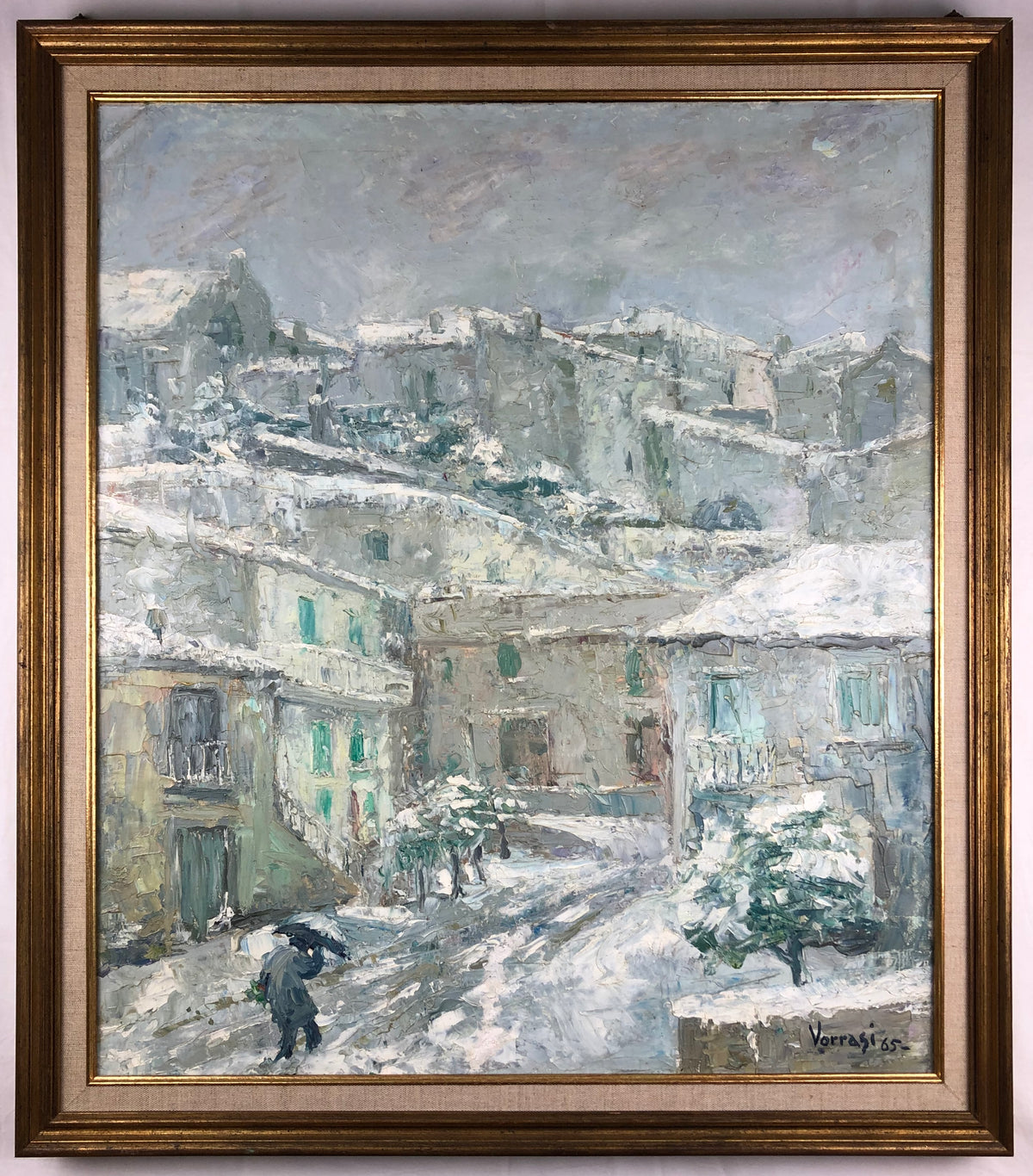Snow Covered Italian Village Painting on Canvas, Signed P. Vorrasi