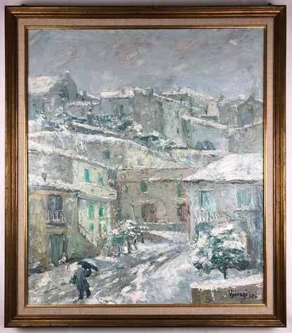 Snow Covered Italian Village Painting on Canvas, Signed P. Vorrasi