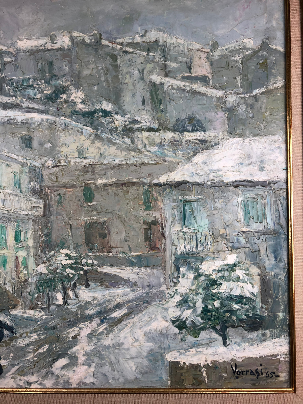 Snow Covered Italian Village Painting on Canvas, Signed P. Vorrasi — detail 2