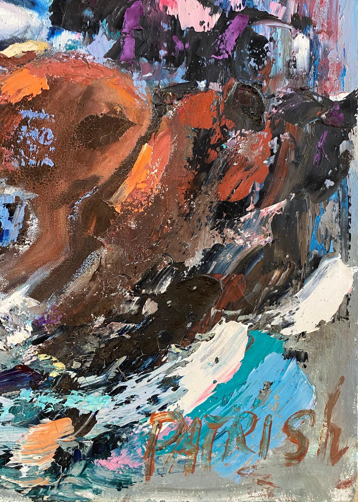Abstract Oil on Canvas Painting Horse Racing, Signed — detail 2