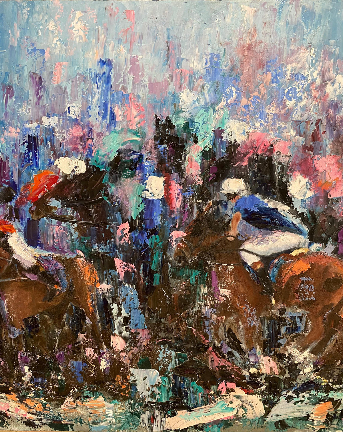Abstract Oil on Canvas Painting Horse Racing, Signed — detail 3