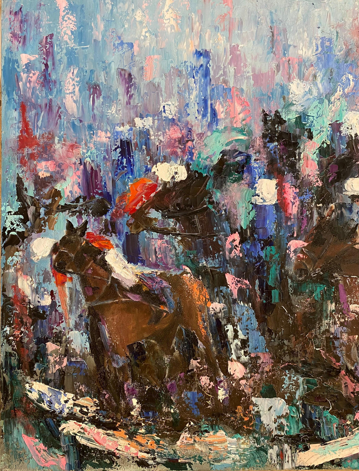 Abstract Oil on Canvas Painting Horse Racing, Signed — detail 4