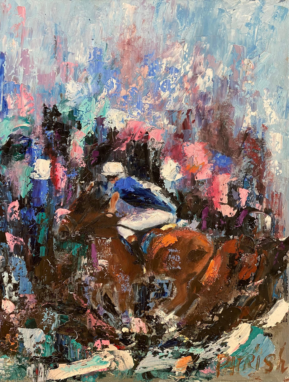 Abstract Oil on Canvas Painting Horse Racing, Signed — detail 5