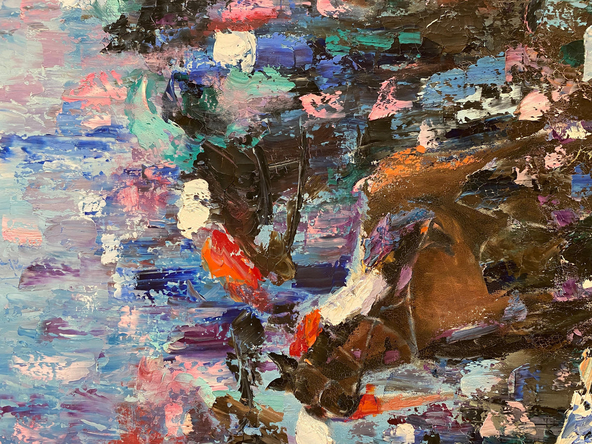 Abstract Oil on Canvas Painting Horse Racing, Signed — detail 7