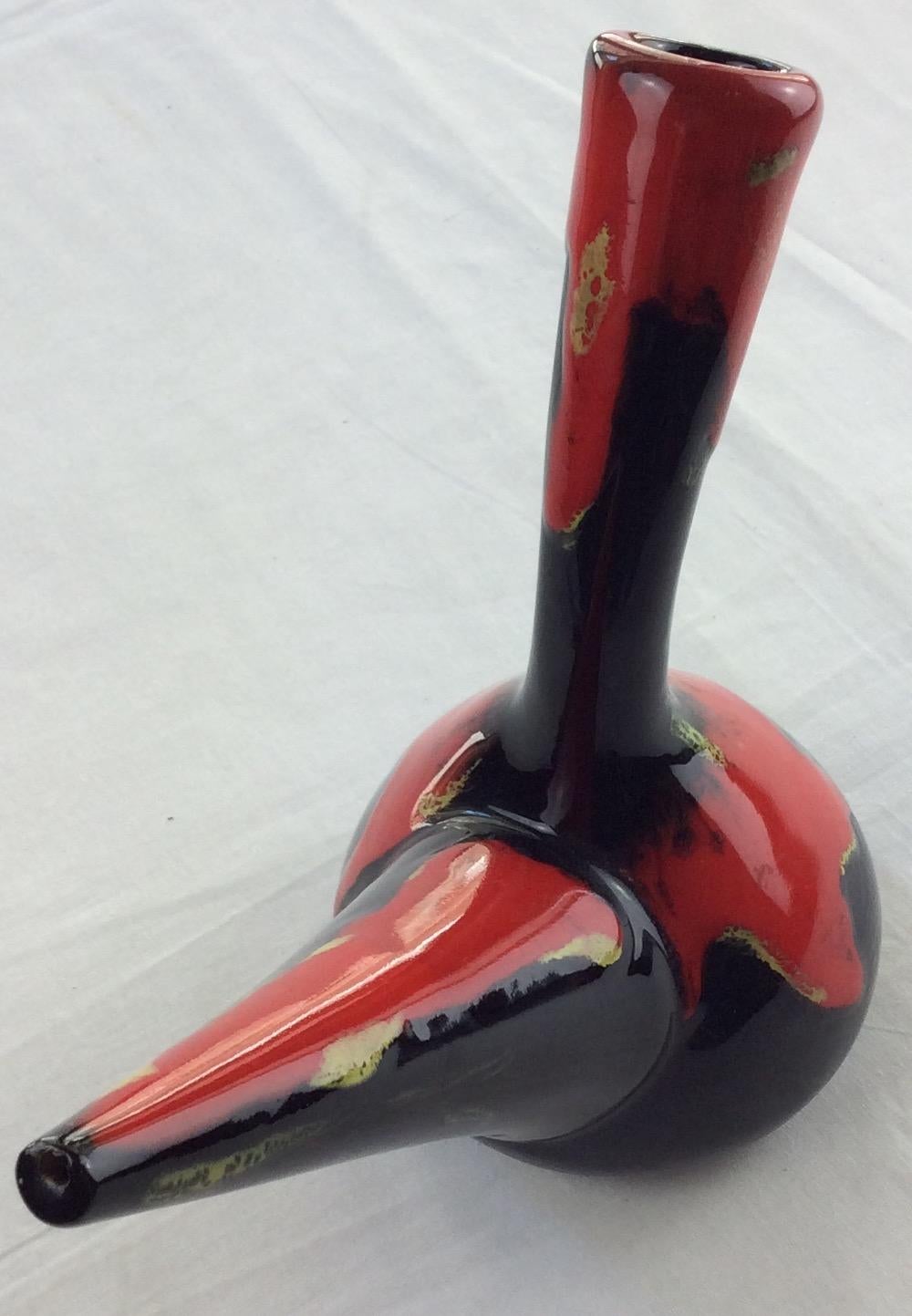 Midcentury Oil Vessel from Perpignan France, Black Red and Yellow — detail 2